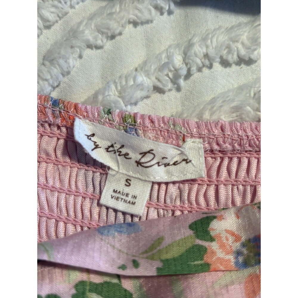 By The River Floral Midi Dress Womens S Pink Puff Sleeve Smocked Cottagecore - Picture 7 of 7